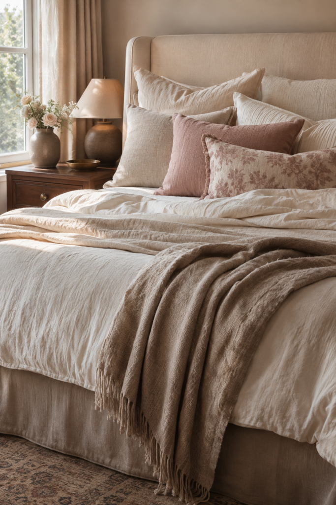 Layered ivory and cream bedding with textured pillows and a taupe throw on an elegant upholstered bed in a romantic bedroom.