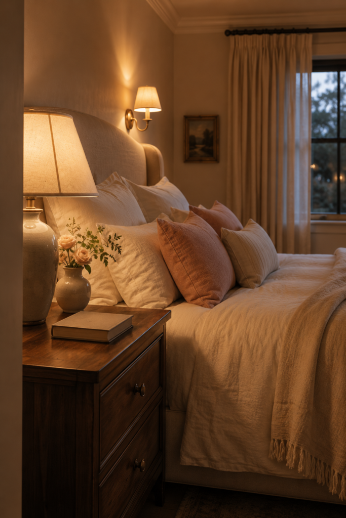 Romantic bedroom with warm bedside lamp and wall sconce creating soft evening light beside a cream upholstered bed.