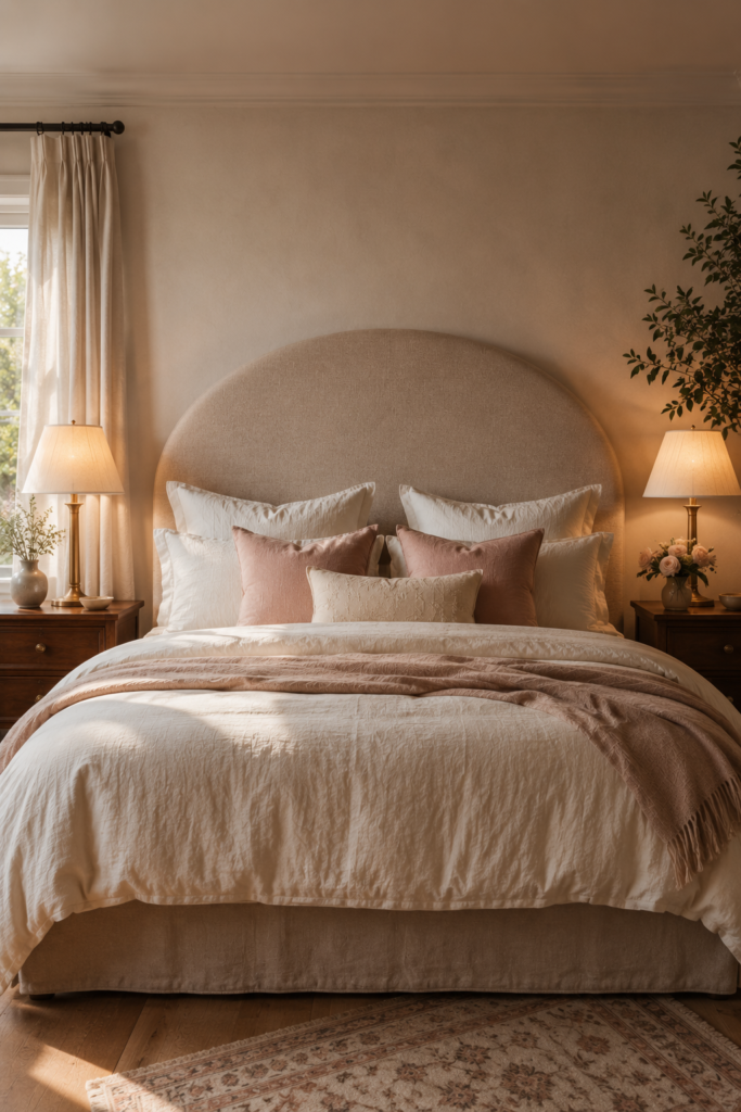 Curved taupe upholstered headboard with ivory bedding and warm wood nightstands in an elegant romantic bedroom.