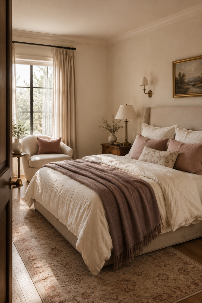 Elegant romantic bedroom using cream, ivory, dusty rose, mauve, walnut, and brass accents in a restrained color palette.