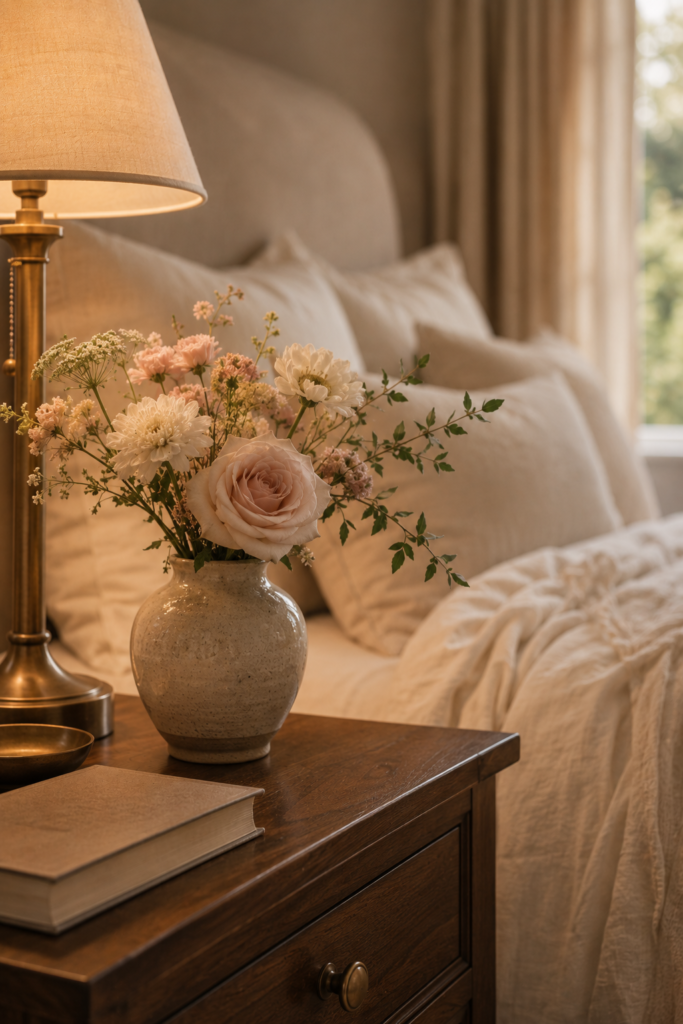 Delicate blush and cream flowers in a ceramic vase on a walnut nightstand beside a softly lit romantic bedroom.