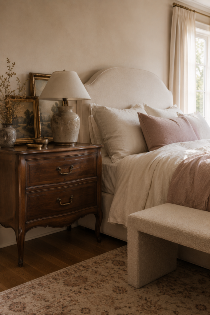 Vintage-inspired walnut nightstand with brass hardware, ceramic lamp, and framed artwork beside an elegant romantic bedroom.