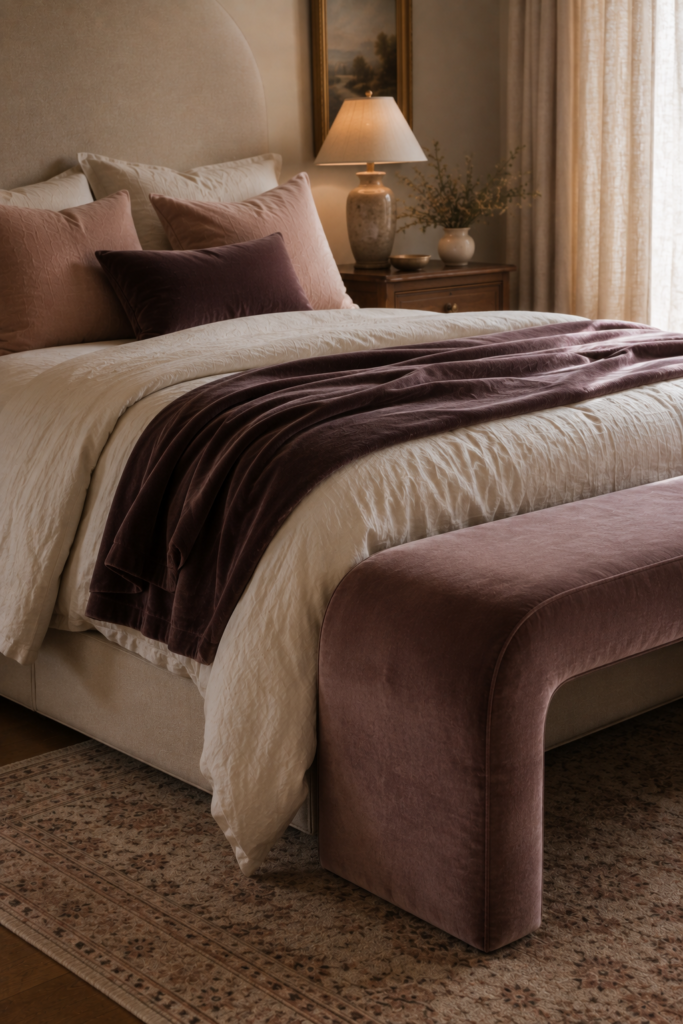 Romantic bedroom with ivory linen bedding, muted plum velvet throw, textured pillows, and a softly upholstered velvet bench.