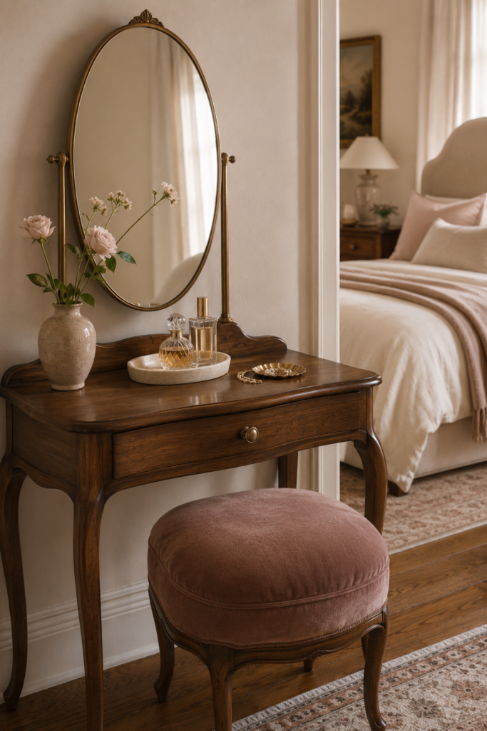 Elegant bedroom vanity with a curved walnut table, oval brass mirror, perfume bottles, ceramic tray, and upholstered stool.