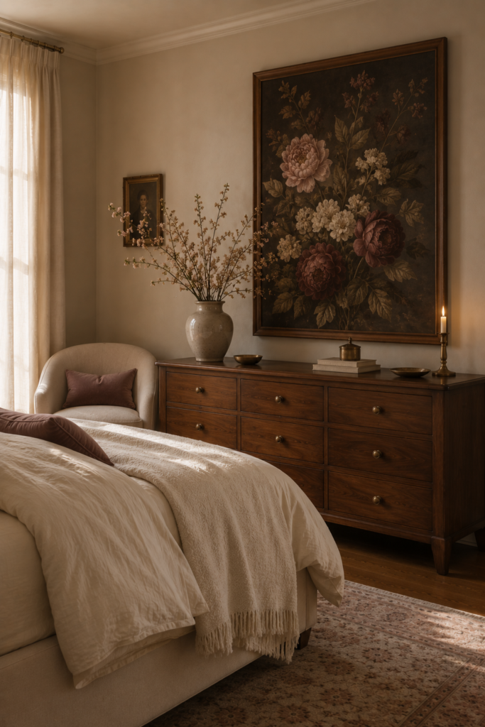 Vintage botanical floral artwork in a walnut frame above a styled dresser in a romantic bedroom with cream bedding.