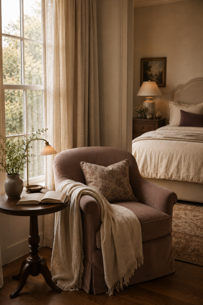 Cozy upholstered reading chair beside a bedroom window with a walnut side table, open book, lamp, and soft linen curtains.