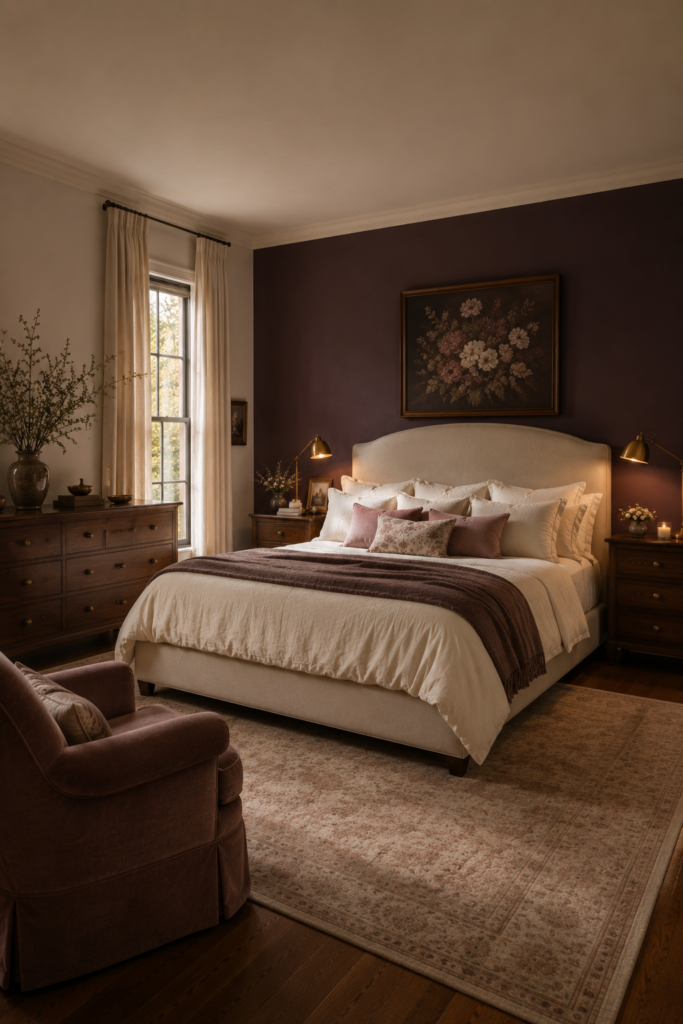 Balanced romantic bedroom with a deep plum accent wall, ivory bedding, warm walnut furniture, dusty rose accents, and soft lighting.