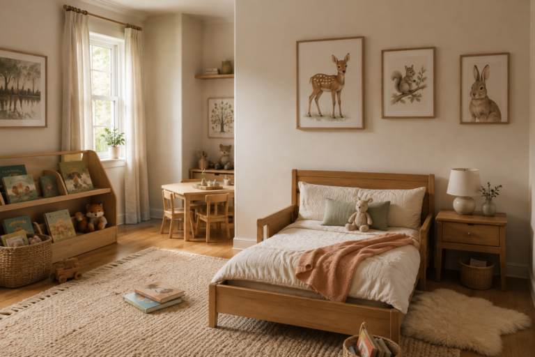 Cozy toddler bedroom with a low wooden bed, soft bedding, toy storage, children's books, and a small play area.