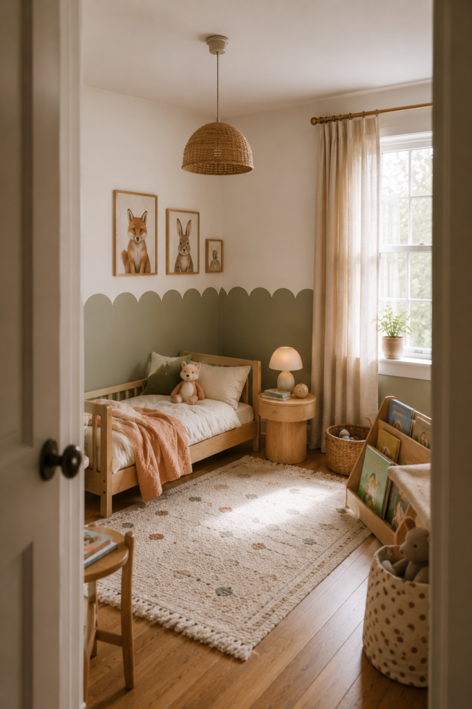 Soft sage and peach toddler bedroom with a low wooden bed, cream bedding, and playful wall artwork.