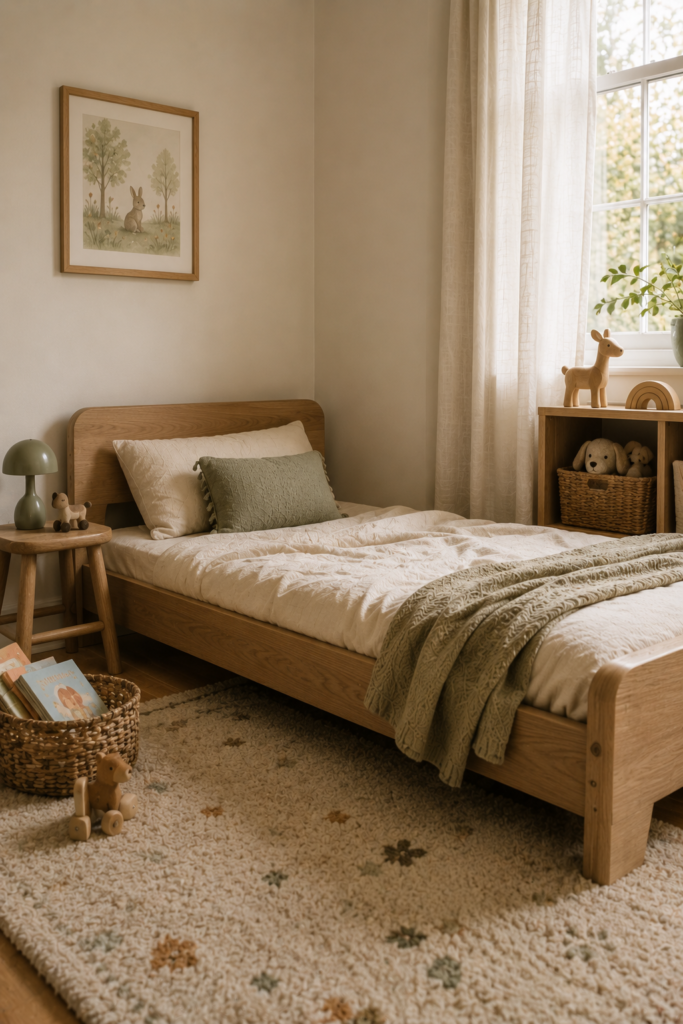 Low natural wood toddler bed with cream bedding, soft rug, and simple cozy bedroom details.