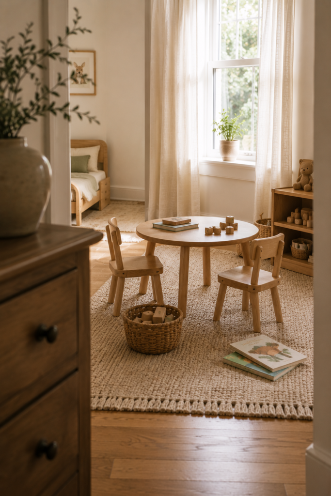 Toddler play corner with a small wooden table, children's chairs, books, toys, and a soft rug.