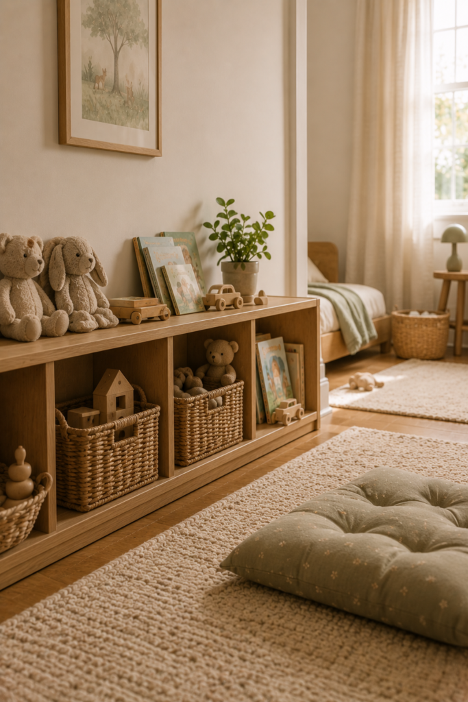Low toddler-accessible storage with woven baskets, children's books, wooden toys, and a soft play rug.