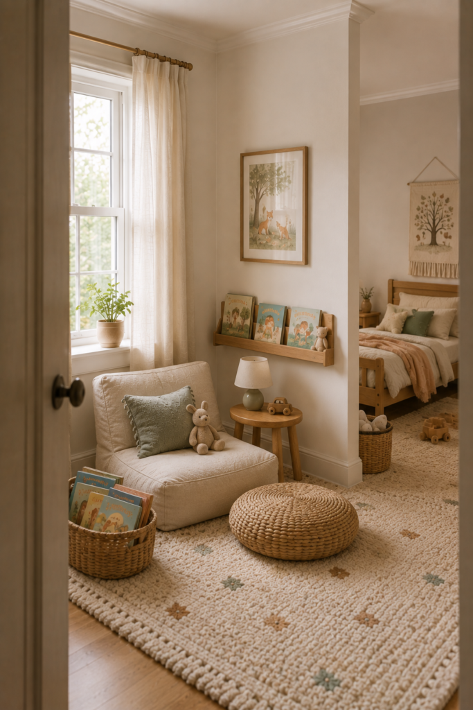 Cozy toddler reading nook with a small upholstered chair, picture books, woven basket, and natural wood table.