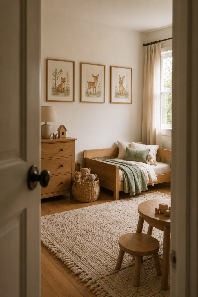 Nature-inspired toddler bedroom with woodland artwork, natural wood furniture, cream bedding, and sage accents.