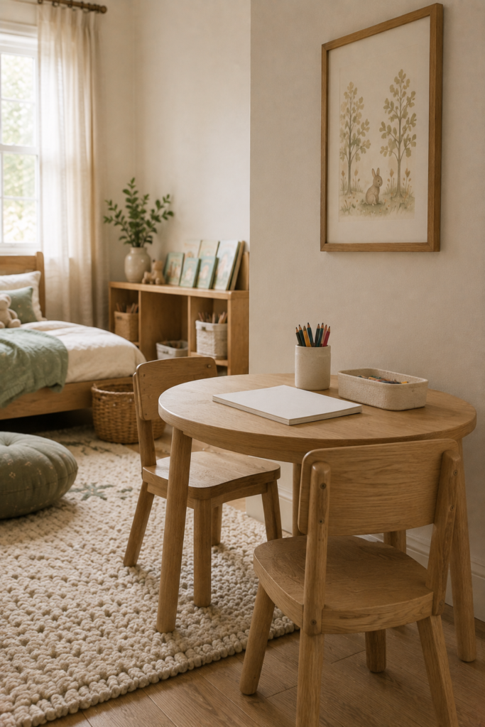 Toddler art station with a small wooden table, child-sized chairs, paper, crayons, and organized craft storage.