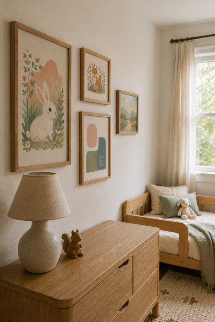 Toddler bedroom with playful framed children's artwork, natural wood furniture, cream bedding, and soft muted colors.