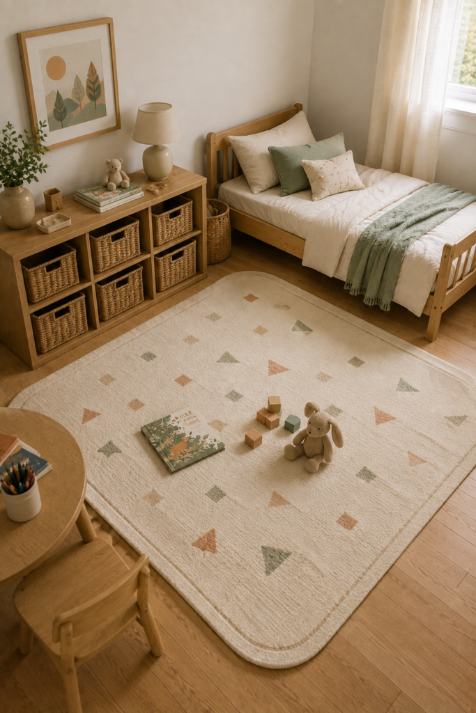 Toddler bedroom with a soft patterned play rug, wooden toys, low bed, and natural wood furniture.