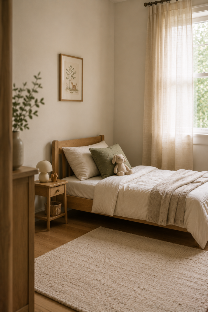 Calm toddler bedroom with a low wooden bed, ivory linen bedding, soft curtains, and soothing neutral decor.