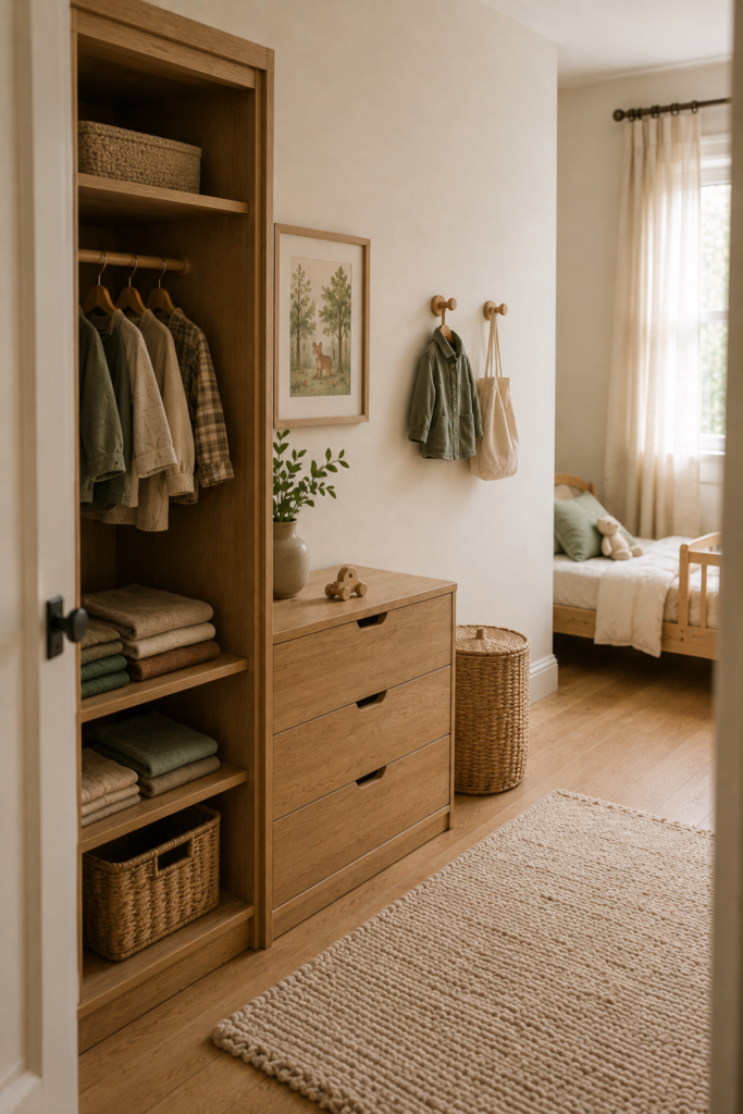 Toddler bedroom clothing area with natural wood storage, folded clothes, low hooks, and a woven basket.