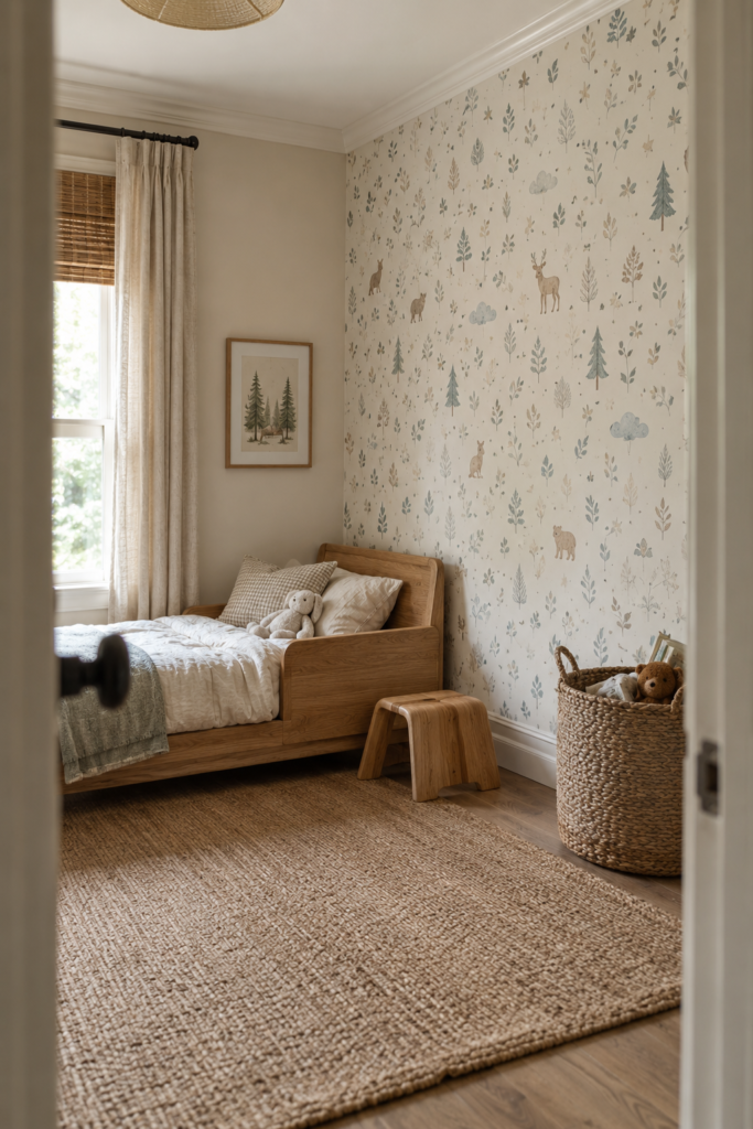 Toddler bedroom with subtle woodland removable wallpaper, a natural wood bed, cream bedding, and woven storage.