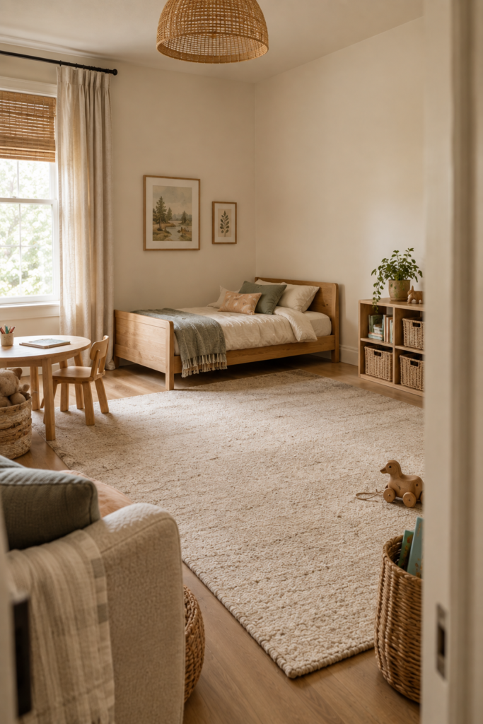 Flexible toddler bedroom layout with a low wooden bed, open play space, compact storage, and a small wooden table.