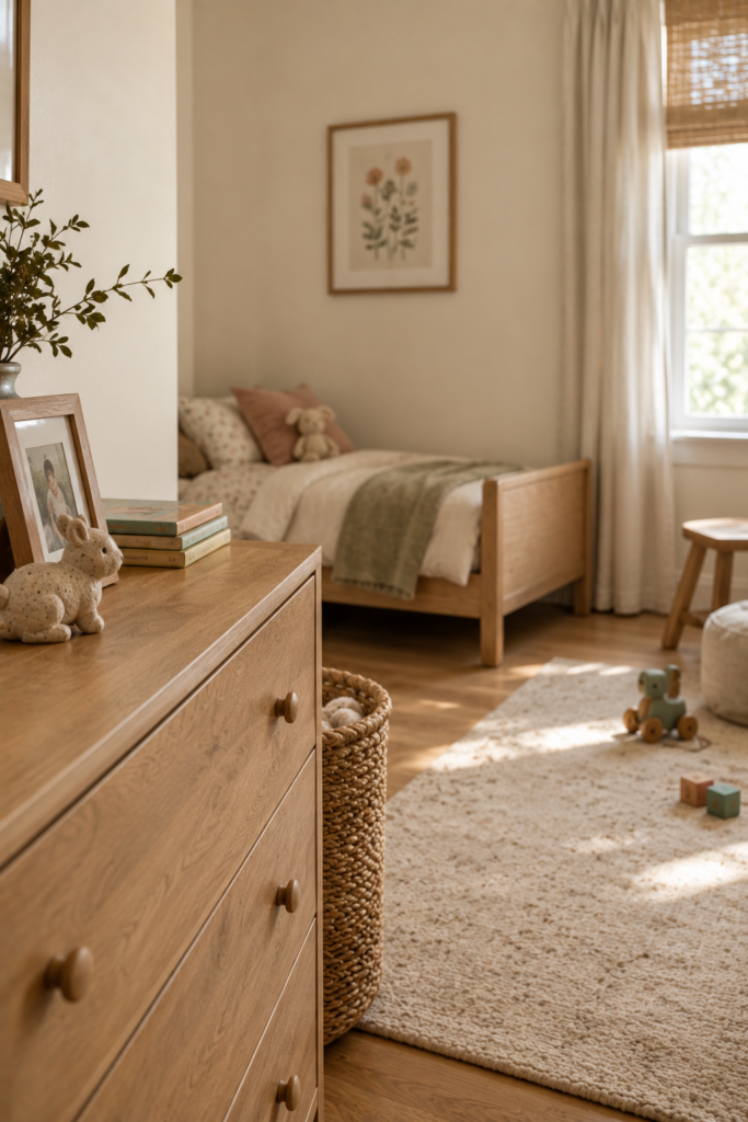 Personalized toddler bedroom with a natural wood dresser, family-style photo, handmade decor, books, and soft neutral bedding.