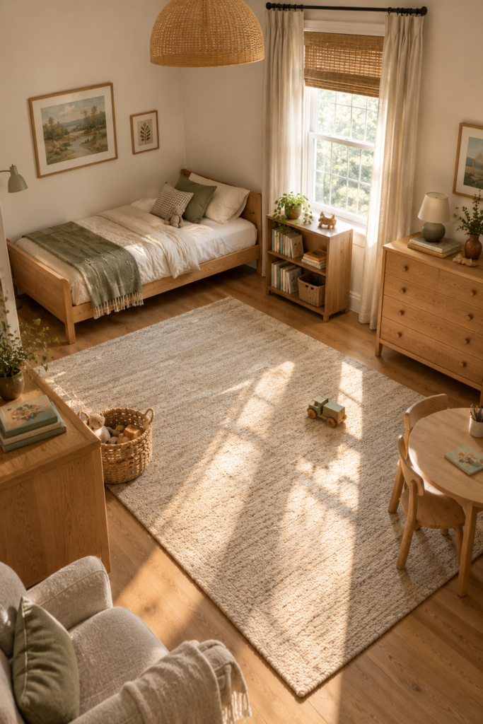 Timeless toddler bedroom with natural wood furniture, cream bedding, flexible storage, open play space, and subtle playful decor.