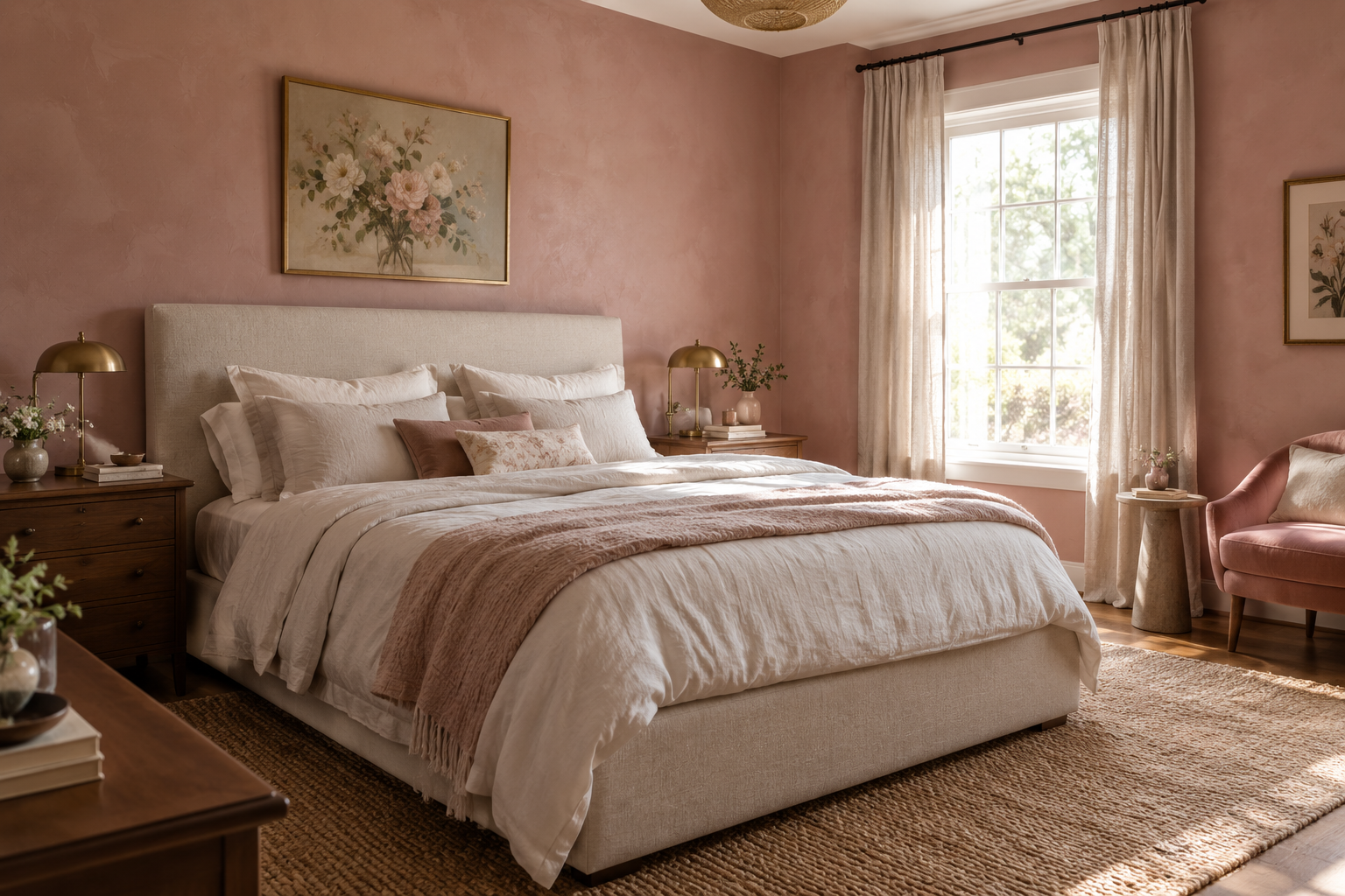 A sophisticated dusty pink bedroom with cream bedding, warm walnut furniture, brass lighting, floral artwork, and natural textures.