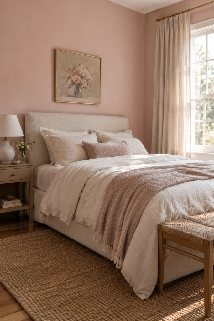 Soft blush pink bedroom with cream linen bedding, oak furniture, sheer curtains, and warm natural textures.