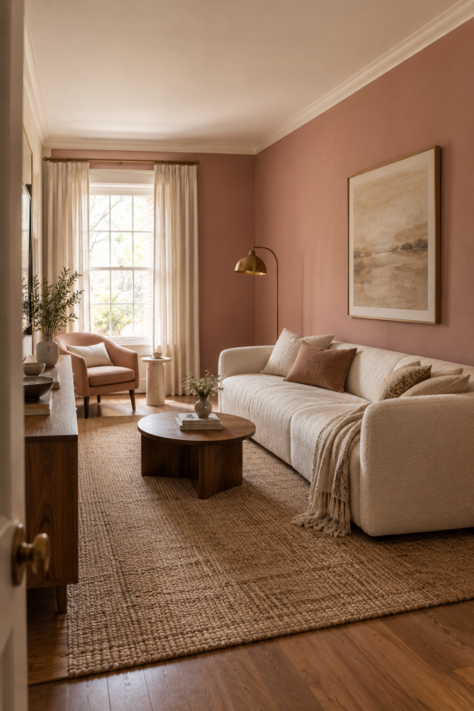 Living room with a muted dusty rose wall, cream sofa, walnut console, brass floor lamp, and neutral decor.
