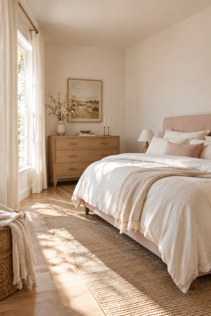 Bright bedroom combining blush pink accents with warm white walls, ivory bedding, and light oak furniture.