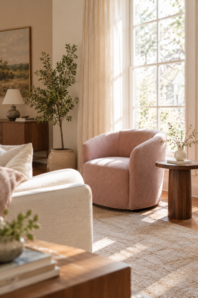 Dusty rose upholstered accent chair beside a window with a walnut side table and neutral living room decor.