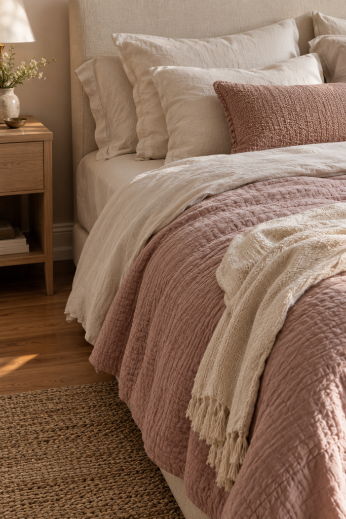 Cozy bed layered with dusty rose bedding, cream linen sheets, ivory pillows, and a textured throw.