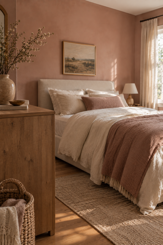 Dusty pink bedroom with natural oak furniture, woven accents, ceramic decor, and soft neutral bedding.