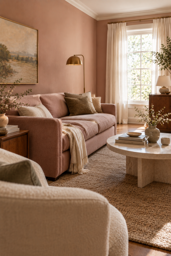 Elegant living room with a muted blush sofa, cream curtains, walnut furniture, and warm neutral accents.
