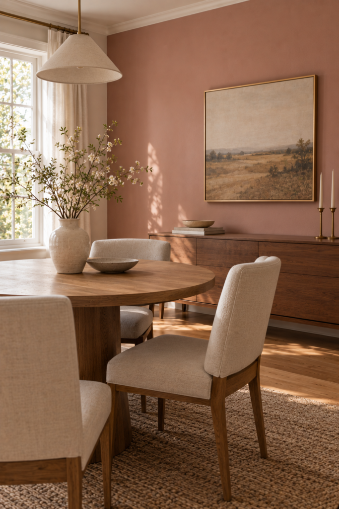 Dining room with a muted pink accent wall, round oak table, upholstered chairs, and simple artwork.