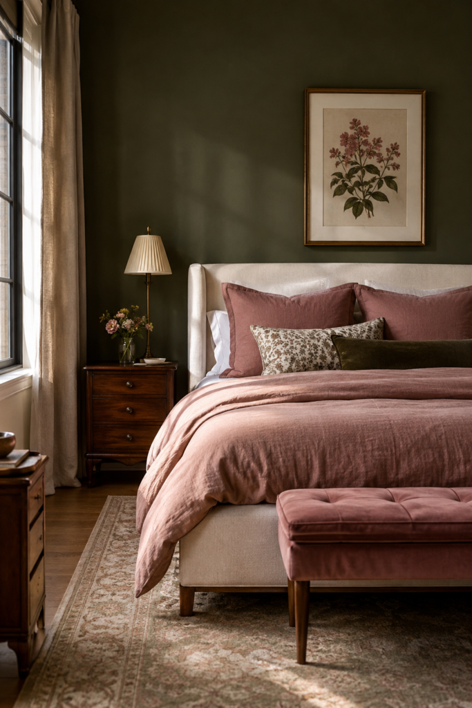 Bedroom combining a deep olive green wall with dusty pink bedding, cream upholstery, and warm walnut furniture. 