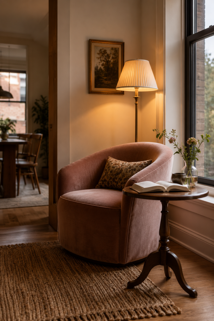 Cozy dusty rose reading chair beside a window with a wood side table, book, floor lamp, and woven rug.