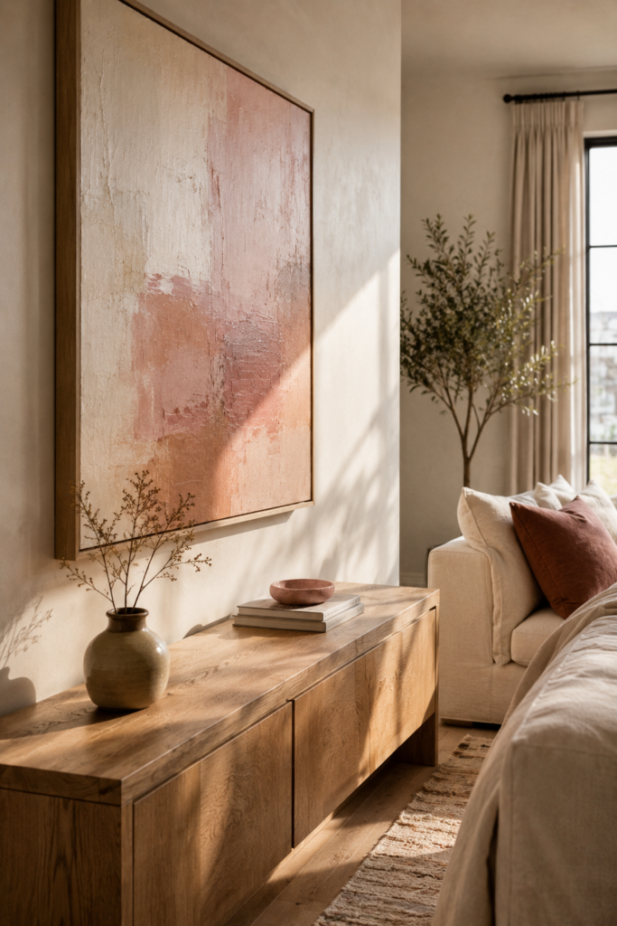 Neutral living room with blush-toned abstract artwork, natural oak console, cream sofa, ceramic decor, and subtle pink accents.