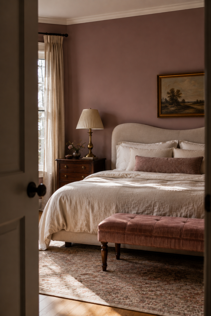 Romantic mauve bedroom with ivory linen bedding, walnut furniture, aged brass lighting, and soft dusty rose accents.