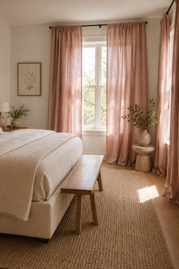 Bright bedroom with soft blush linen curtains, cream upholstered bed, light oak furniture, and neutral decor.