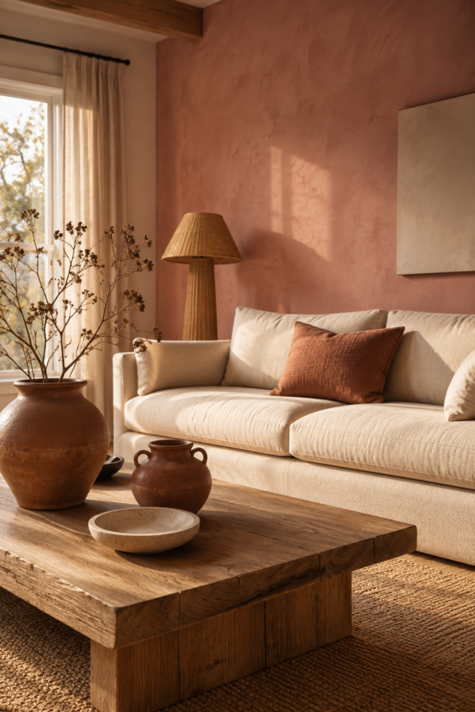 Warm living room combining a dusty pink wall with terracotta ceramics, cream seating, natural oak, and woven textures.