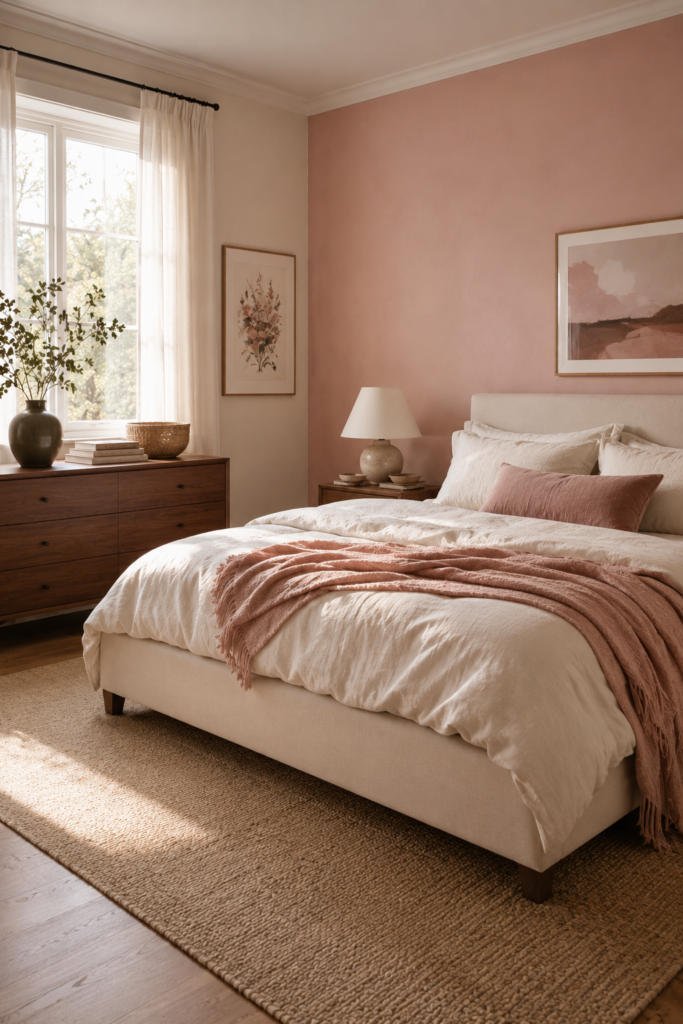 Balanced dusty pink bedroom with cream bedding, walnut furniture, olive accents, woven textures, and soft natural light.