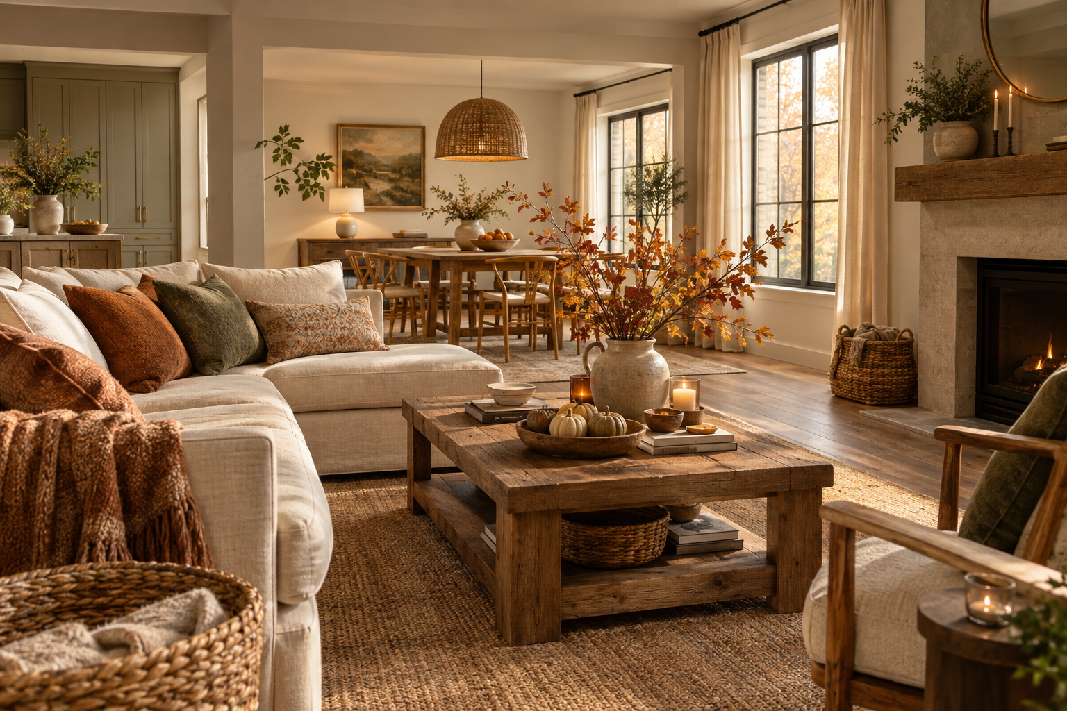 Warm American home interior decorated for fall with cream furniture, natural wood, autumn branches, muted pumpkins, woven textures, and cozy seasonal accents.