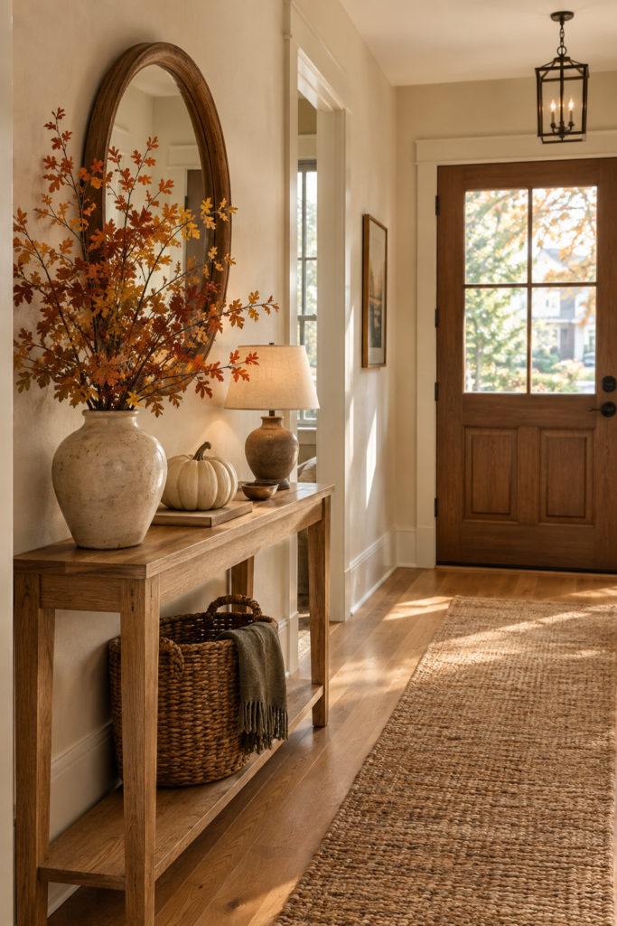 Cozy fall living room with cream seating, rust and olive textiles, natural wood furniture, and subtle autumn decor.