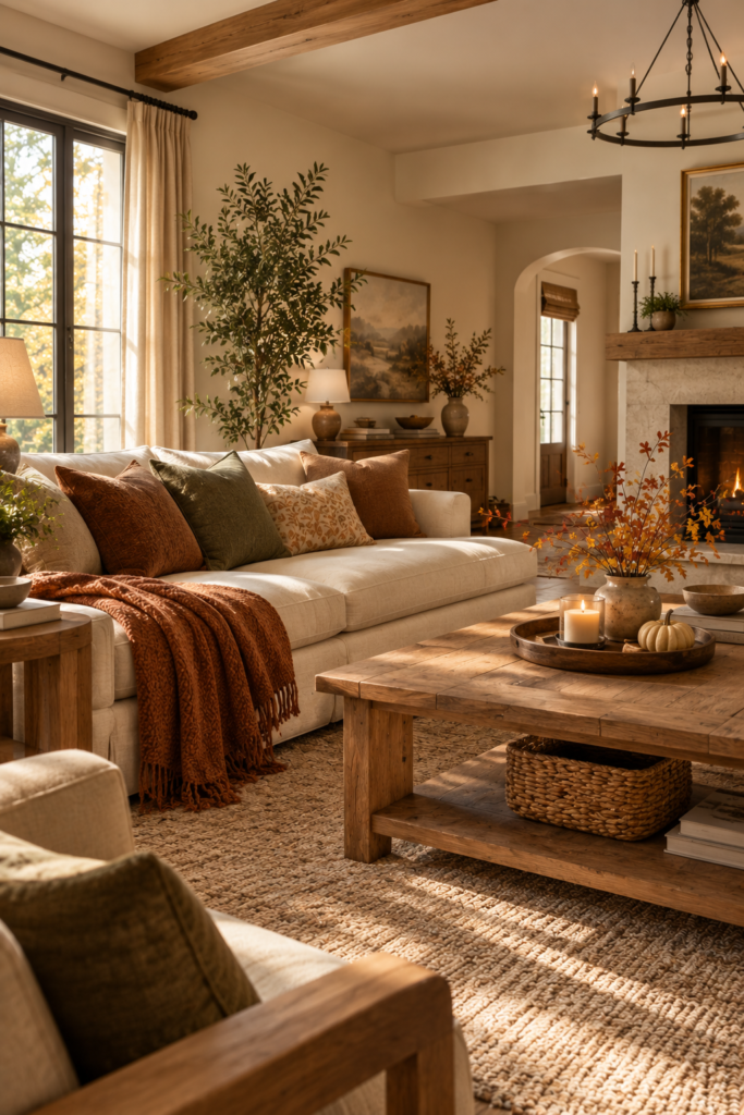 Cozy fall living room with an ivory sofa, rust throw, muted pillows, natural wood furniture, textured rug, and subtle autumn decor.