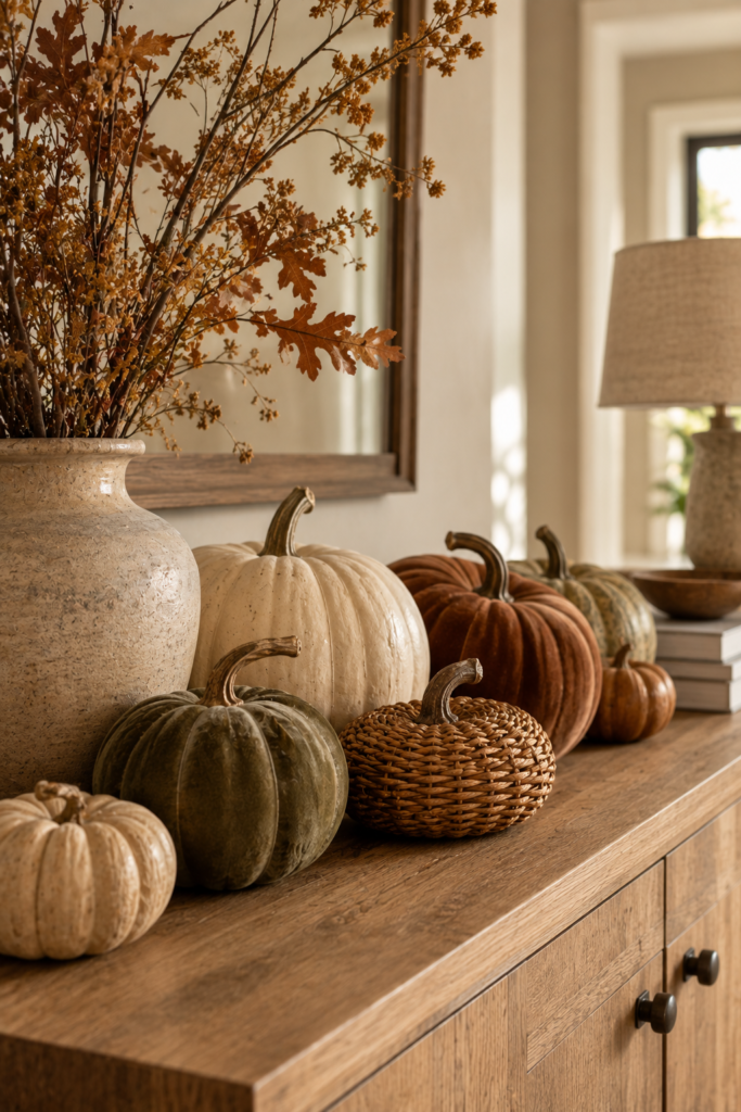 Elegant collection of cream, sage, terracotta, woven, and wooden pumpkins arranged on a warm wood console for fall.