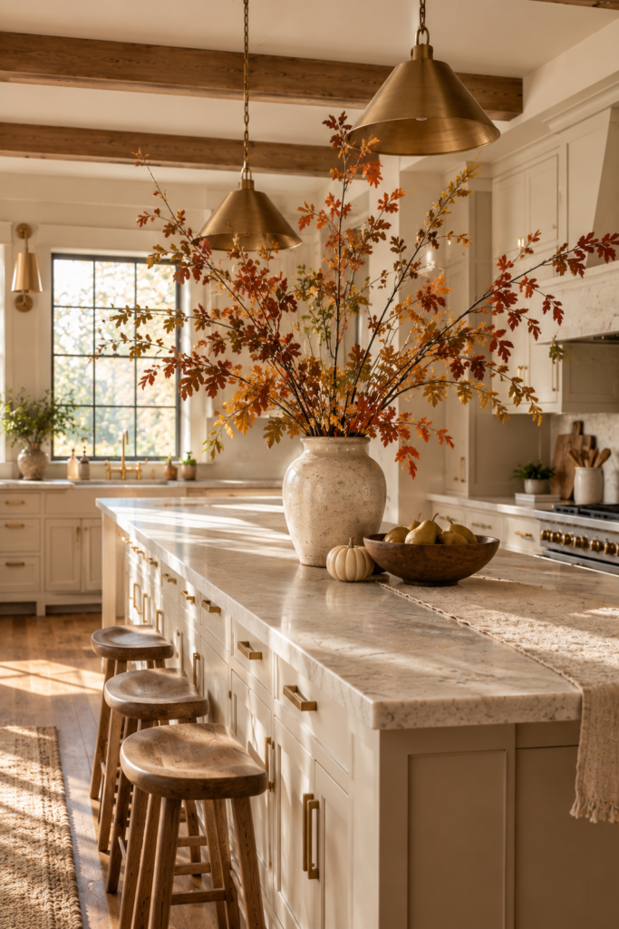 Large ceramic vase filled with muted rust and golden autumn branches on a kitchen island with subtle fall accents.