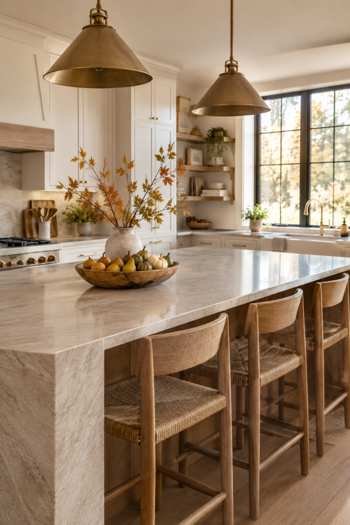 Warm white kitchen with a natural stone island styled with pears, muted pumpkins, autumn branches, and natural wood accents.