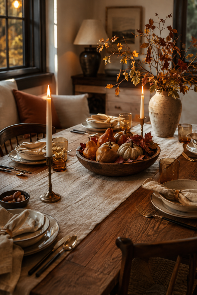 Cozy fall dining table with linen textiles, handmade ceramics, pears, muted pumpkins, amber glassware, and autumn branches.